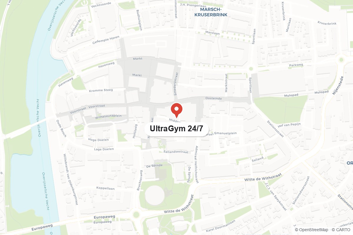 Kaart van het centrum van Hardenberg met de locatie van UltraGym aan het Middenpad
